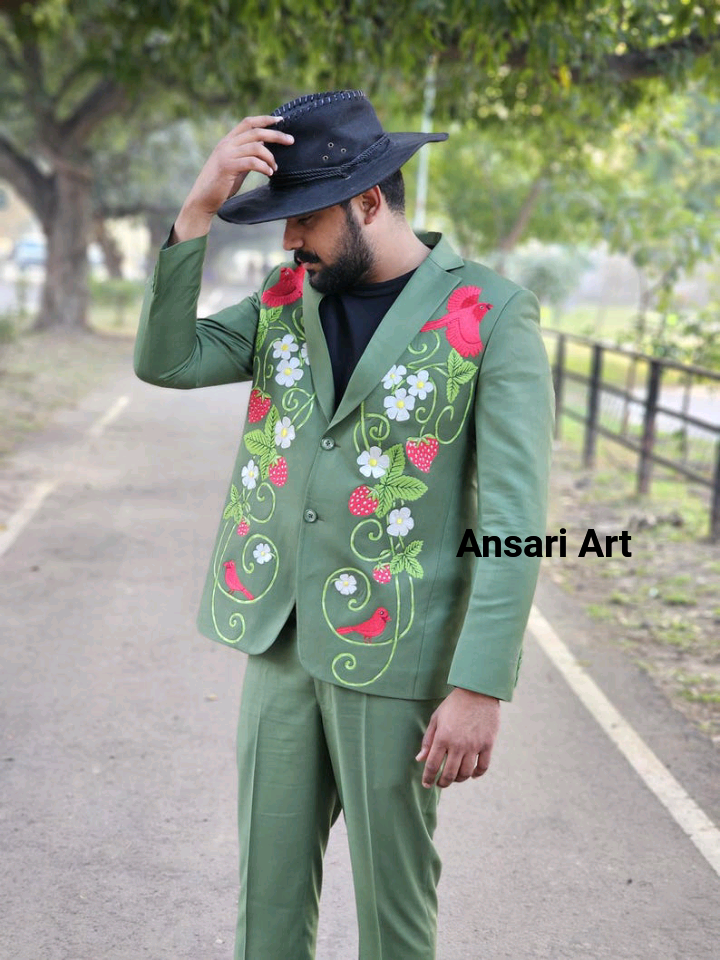 Pre-owned Art Men Custom Made Green Cotton 2pc Suit Country Western Hand Embroidered Outfit