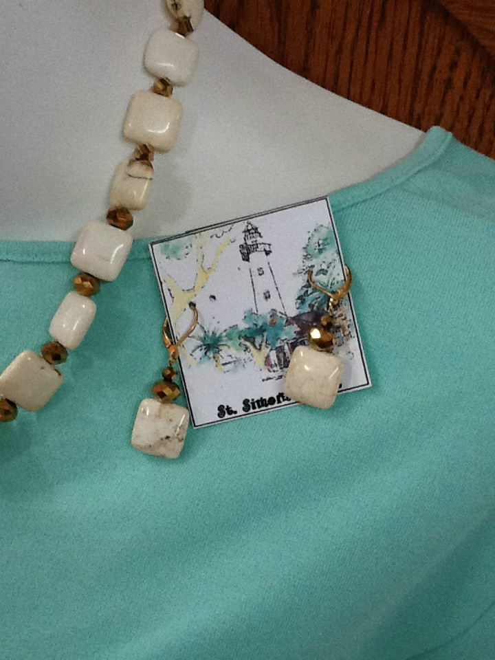 New! Real Stone Necklace and Earrings Set Handcrafted White with Gold