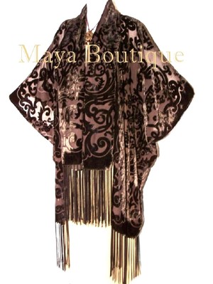 Pre-owned Maya Matazaro Coco Brown Art Nouveau Caftan Kimono Fringe Duster Burnout Velvet