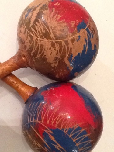 Pair of Red Blue Vintage Maracas Hand Painted Worn