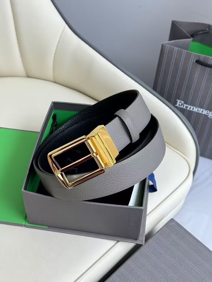 Pre-owned Ermenegildo Zegna Men's Reversible Leather Belt Gold Buckle In Gray/black