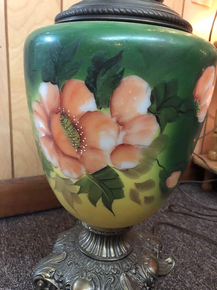 ANTIQUE Vintage Glass Parlor Hurricane Lamp Green Hand Painted Roses Brass Base