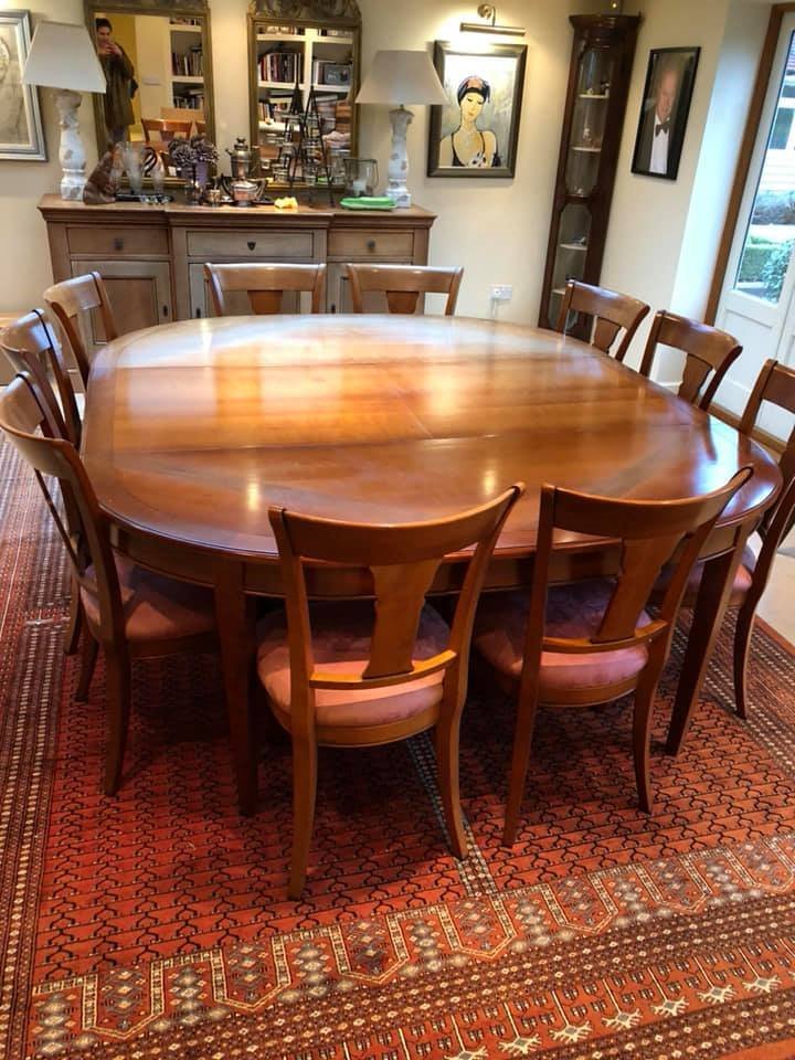French Grange Rochambeau dining room table and chairs in cherrywood