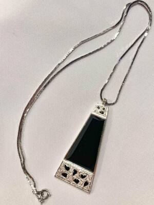 Vintage Silver Tone Faux Onyx Geometric Necklace