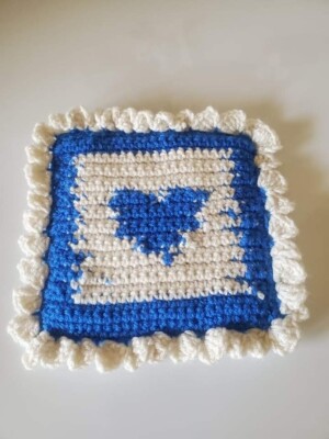 Handmade, Crochet, Pot Holder/ Hot Pad, Plain, Heart, Square, Blue & White