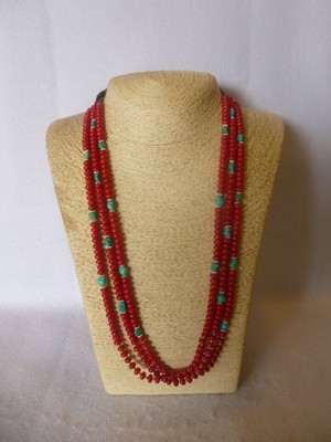 Coral & Turquoise & Sterling Native American Navajo Southwestern Style Necklace