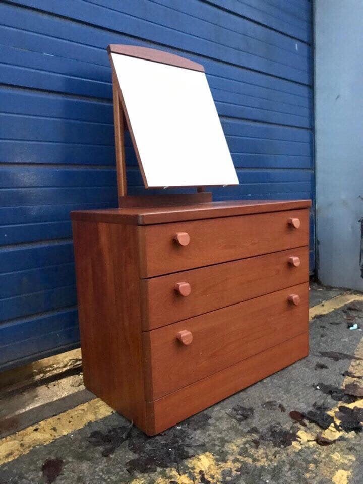 Vintage Teak Mirrored Chest Of Drawers Dressing