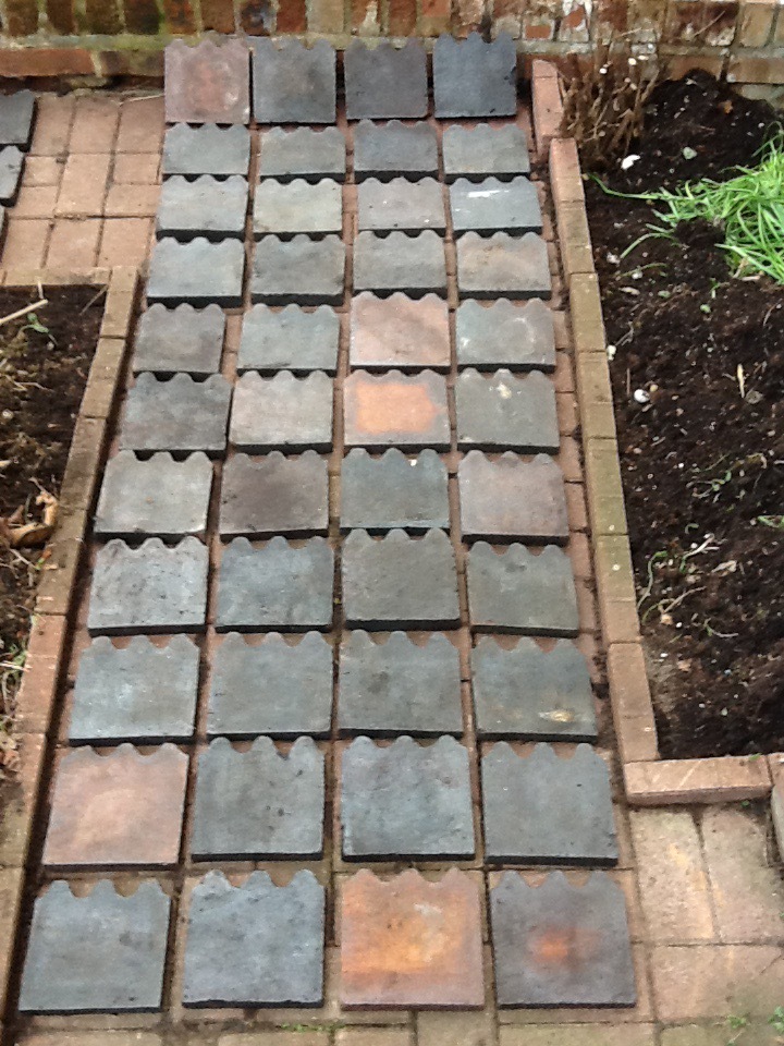 Reclaimed Victorian antique '3 hump' blue clay garden edging tiles in