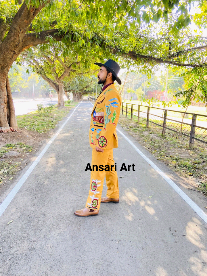 Pre-owned Art Men 2pc Piece Western Designer Suit | Custom Made Embroidered Cotton Designer In Yellow