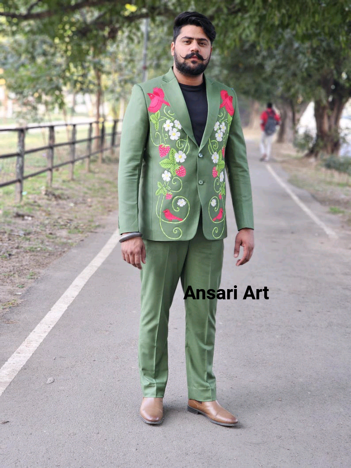 Pre-owned Art Men Custom Made Green Cotton 2pc Suit Country Western Hand Embroidered Outfit