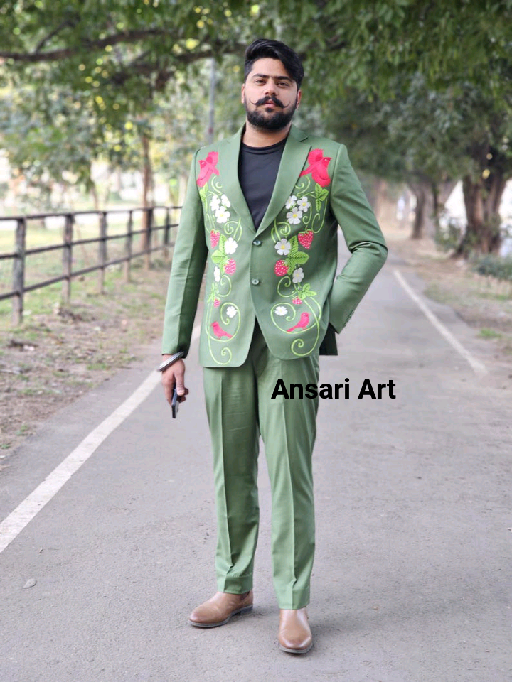 Pre-owned Art Men Custom Made Green Cotton 2pc Suit Country Western Hand Embroidered Outfit