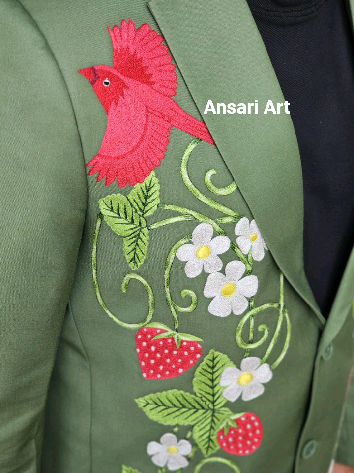 Pre-owned Art Men Custom Made Green Cotton 2pc Suit Country Western Hand Embroidered Outfit