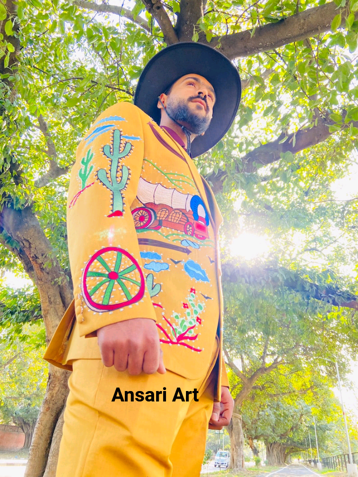 Pre-owned Art Men 2pc Piece Western Designer Suit | Custom Made Embroidered Cotton Designer In Yellow