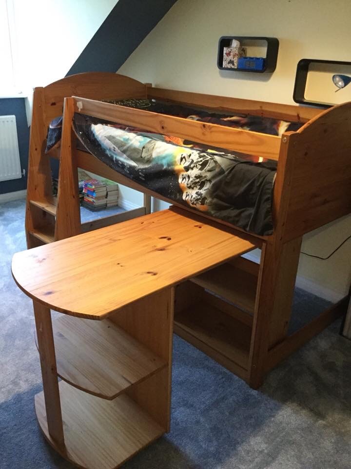 Children’s solid pine cabin bed, pull out desk, chest of draws and