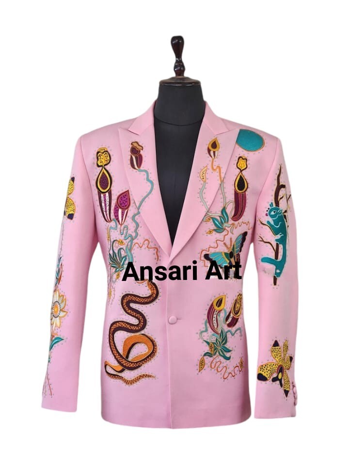 Pre-owned Art Men Pink 2pc Custom Made Floral Embroidered Western Nudie Suit Wedding Outfits