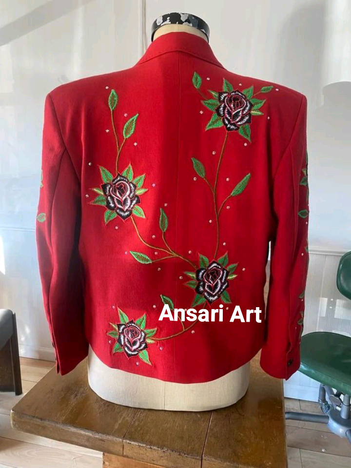 Pre-owned Art Men Red Cowboy2pc Floral Flowers Vines Embroidered Rhinestone Western Nudie Suit