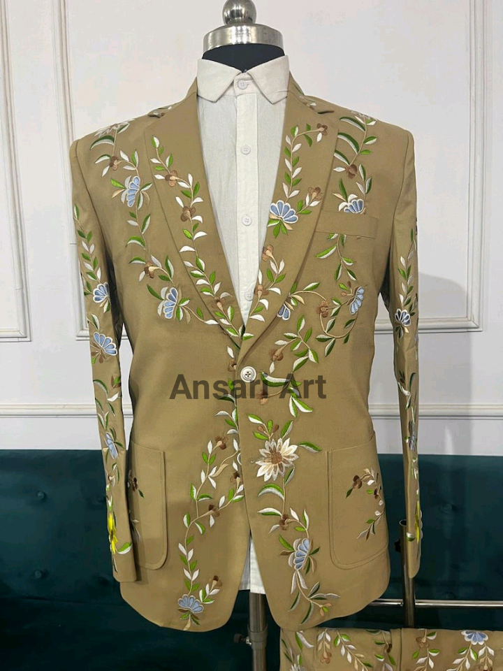 Pre-owned Art Men 2pc Beige Cotton Suit Personalized Floral Embroidered Notch Lapel Designer