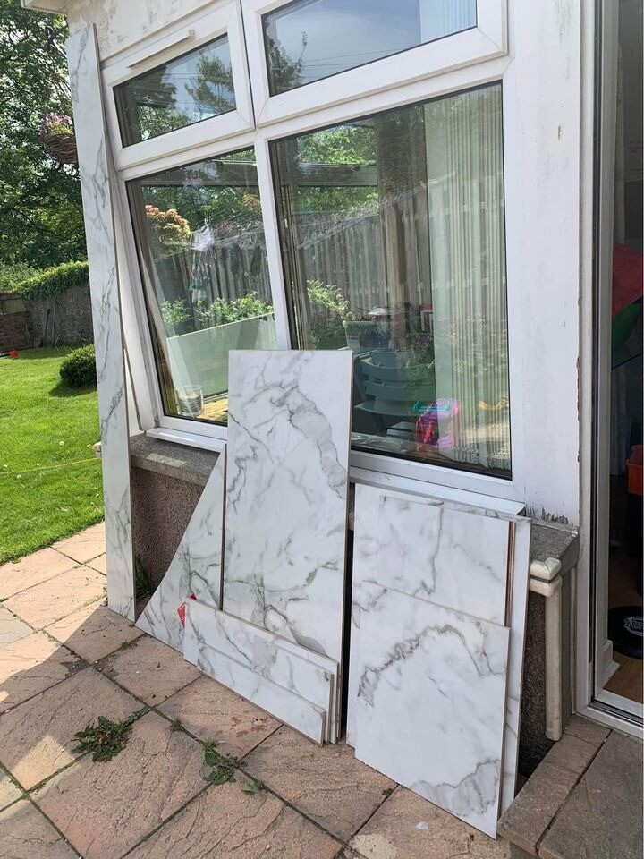 Multipanel Linda Barker Calacatta Marble shower wall panel offcuts in