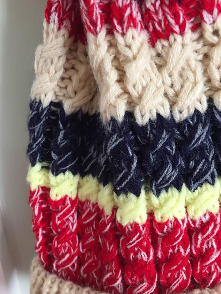 Winter Knit Beanie Hat Pom Pom Multi Colored Stripped Red Beige Blue