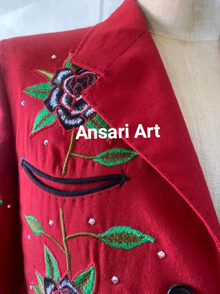 Pre-owned Art Men Red Cowboy2pc Floral Flowers Vines Embroidered Rhinestone Western Nudie Suit