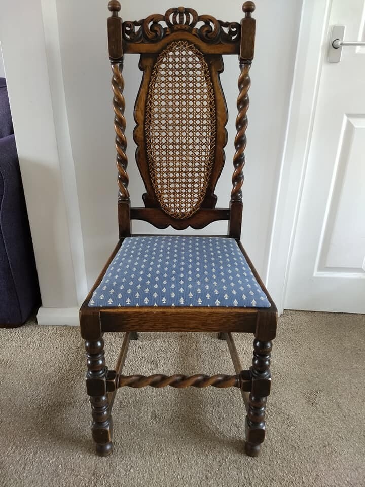 Antique Oak Dining Chairs with Cane Back Panel and Barley Twist Legs x