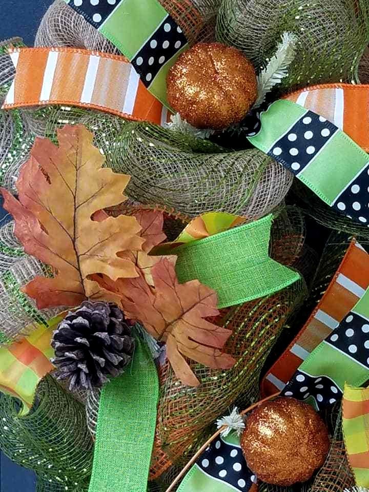 Deco Mesh Wreath Autumn Fall Orange Green Gold Welcome sign pumpkins