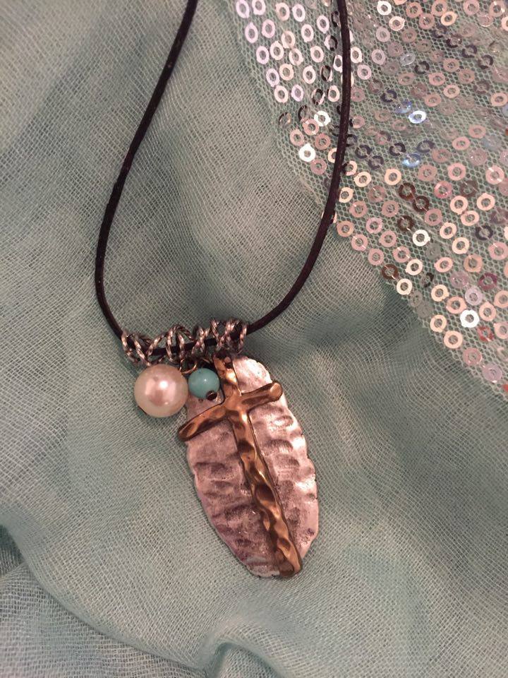 HAMMERED  OVAL PENDANT GOLD CROSS CORD NECKLACE TURQUOISE & PEARL - HANDCRAFTED