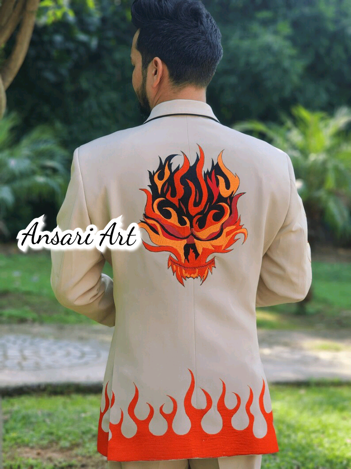 Pre-owned Art Men's Light Brown 2pc Bespoke Western Suit Dragon $ Fire Flames Embroidered