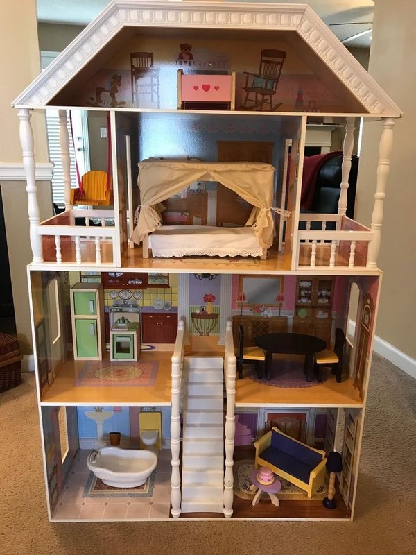 Wooden Dollhouse, Over 4 Feet Tall with Porch Swing and 14