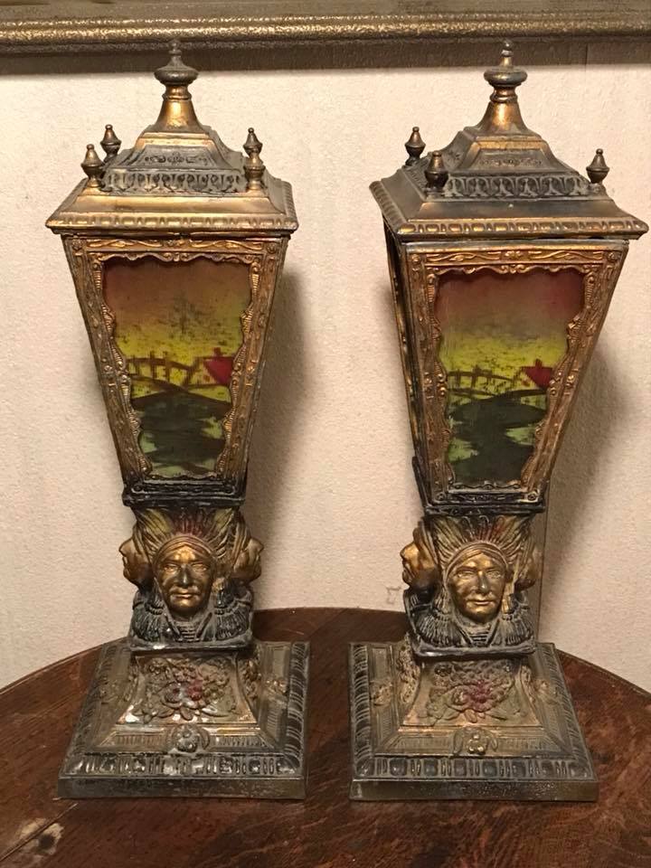Bradley and Hubbard ? First Nations Reverse Painted Panel Glass Table Lamps.