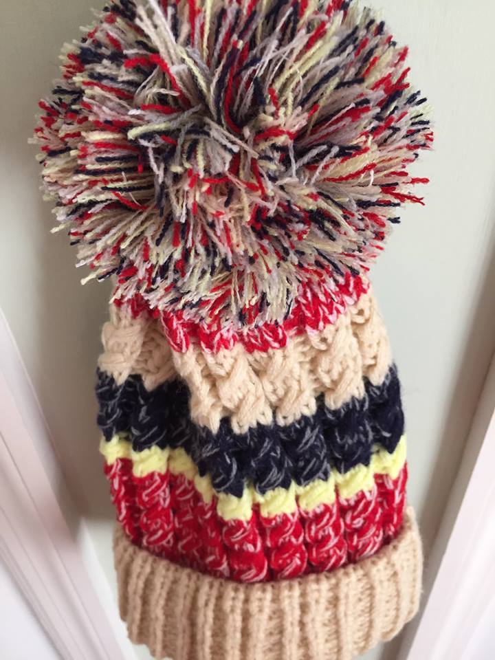 Winter Knit Beanie Hat Pom Pom Multi Colored Stripped Red Beige Blue