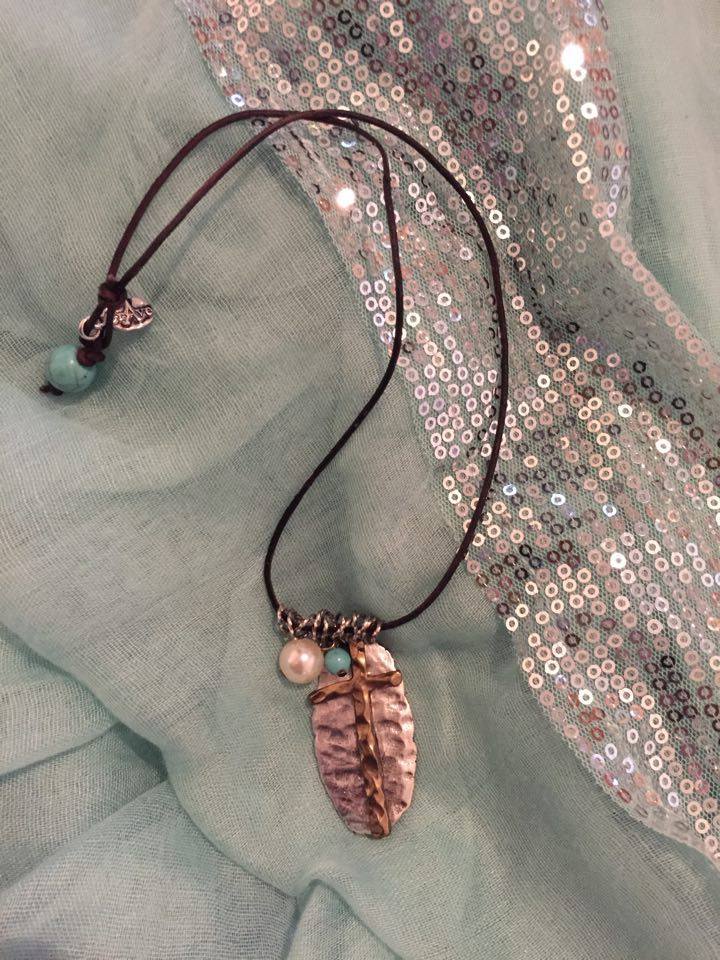 HAMMERED  OVAL PENDANT GOLD CROSS CORD NECKLACE TURQUOISE & PEARL - HANDCRAFTED