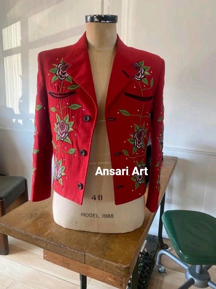 Pre-owned Art Men Red Cowboy2pc Floral Flowers Vines Embroidered Rhinestone Western Nudie Suit