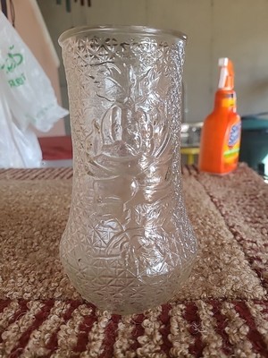 Antique Goofus Clear Glass Vase Basket Weave/Fish Net & Grapevine Design 7 3/4''