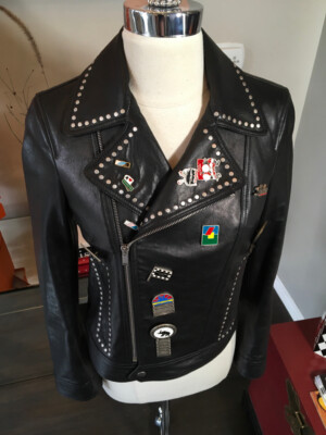 Saint Laurent Size 38 Black Leather Studs Enamel Pins Jacket