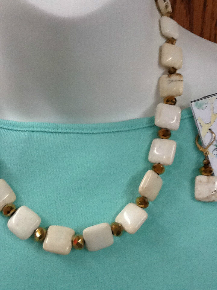 New! Real Stone Necklace and Earrings Set Handcrafted White with Gold