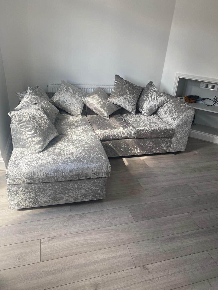Silver Dylan Crush Velvet Corner Sofa or 3+2 Sofa Set in Stock Now in