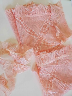 Unused VTG 40s 50s PINK PLASTIC CURTAIN SET Plaid Bow Ruffle Krene 23 x 52'' PAIR