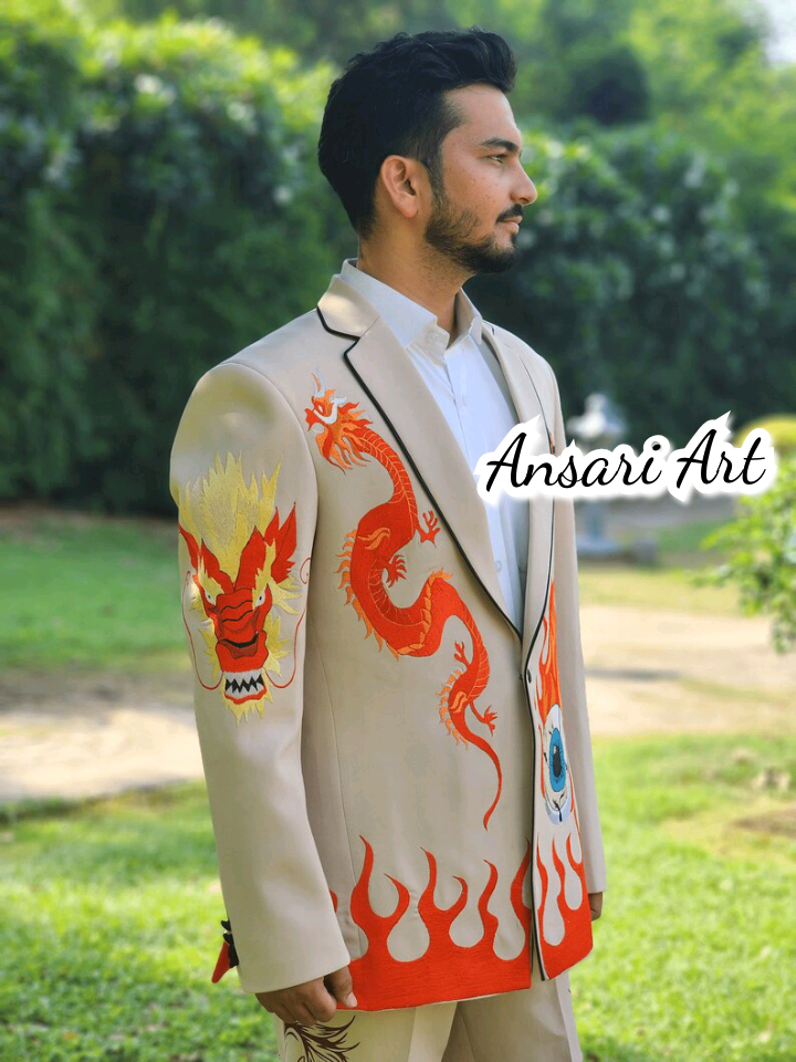 Pre-owned Art Men's Light Brown 2pc Bespoke Western Suit Dragon $ Fire Flames Embroidered