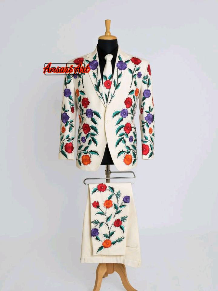 Pre-owned Art Men Custom 2 Piece Western Suit Notch Lapel Floral Embroidered Western Wedding In White