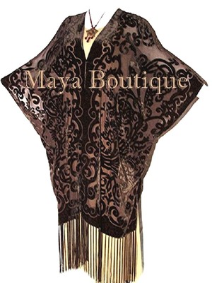 Pre-owned Maya Matazaro Coco Brown Art Nouveau Caftan Kimono Fringe Duster Burnout Velvet