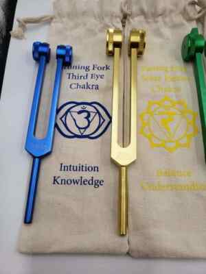 Chakra Tuning Fork Set of 8 COLOR WEIGHTED Healing with Marked Chakra Bags