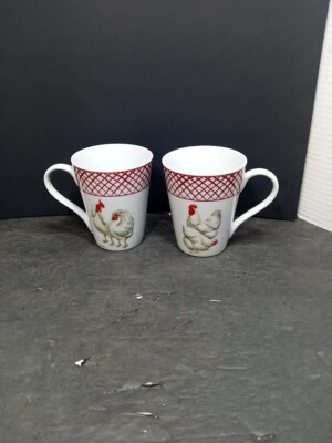 Basic Porcelain Home Essentials Set 2 Coffee  Mugs Chicken Rooster Farmhouse