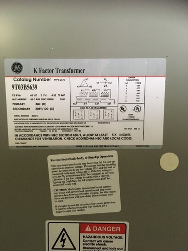 GE 9T03B5639 Transformer 75 KVA 480-208 Y/120 V