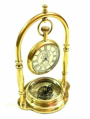 Antique Nautical Shinny Brass Desk Clock Maritime with brass Compass