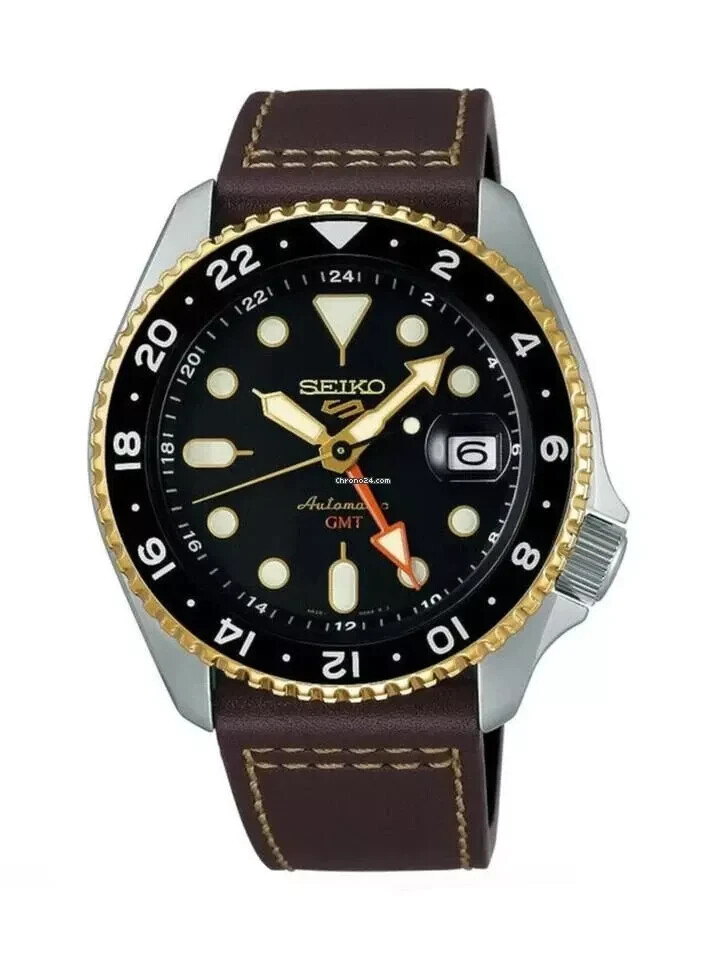Pre-owned Seiko 5 Sports Skx Gmt Brown Dial Brown Leather Men's Watch Ssk036