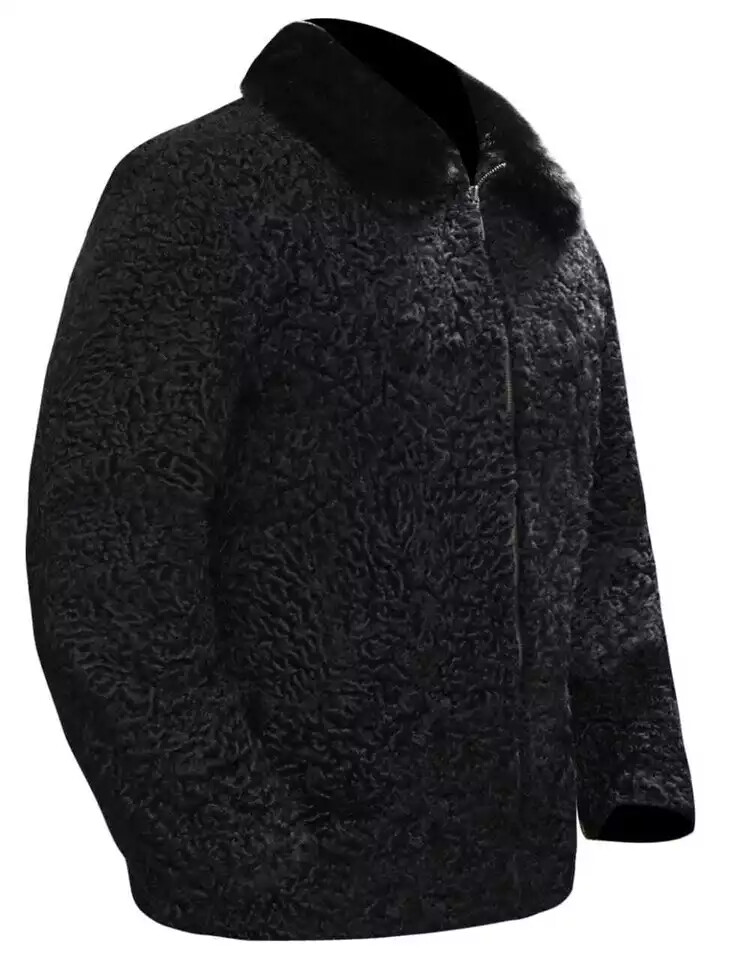 Pre-owned Handmade Men's Black Sheep Fur 100% Real Persian Lamb Fur Jacket Mink Fur Collar Allsize