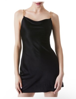 NWT Alice + Olivia Harmony Chain-trimmed Satin Drapey Slip Black Mini Dress sz10
