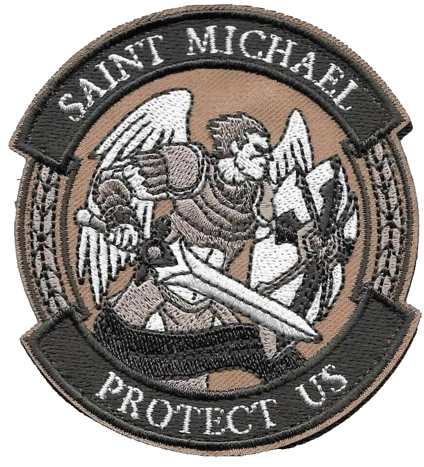 St Michael Protect Us Patch Coyote Brown Embroidered on Twill Hook Side only