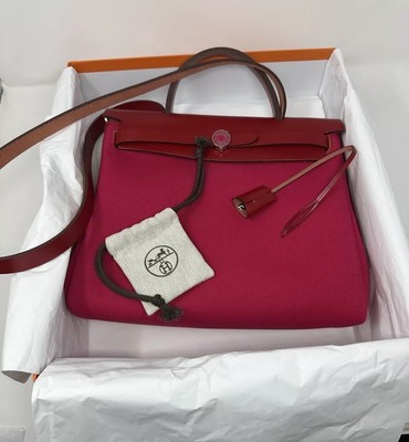 Hermes Herbag 31 Rose Mexico. Red pink Canvas Leather Rouge Piment